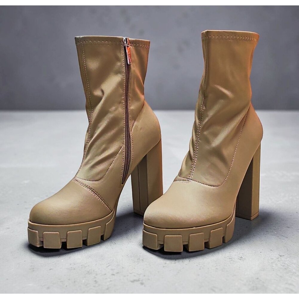 Chunky Platform Block Heel Ankle Boots With Side Zipper In Taupe Satin Material - Picture 6 of 10
